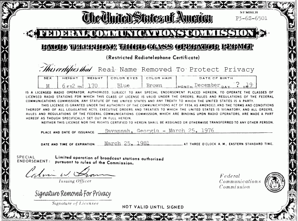 Captain Craig's First FCC Radio Broadcaster's License - Image Loads Slowly...